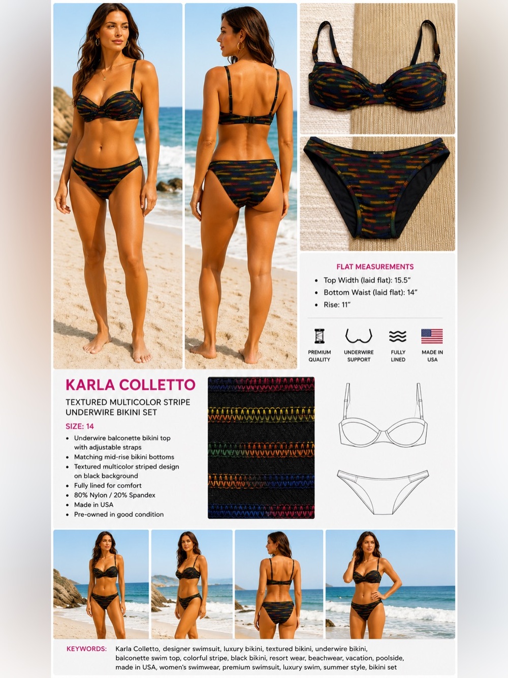 Karla Colletto Textured Multicolor Stripe Underwire Bikini Set Black Size 14